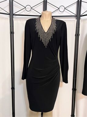 Cache Black Long Sleeve V-Neck Dress with Silver Beaded Trim